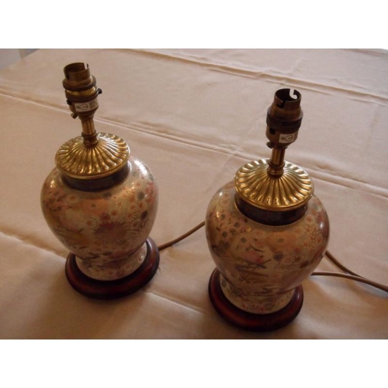 Two ceramic, Brass and Mahogany Table Lamps