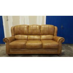 LIGHT BROWN / TAN GENUINE LEATHER 3 SEATER SOFA ON WOODEN FEETS / SUITE / SETEE DELIVERY AVAILABLE