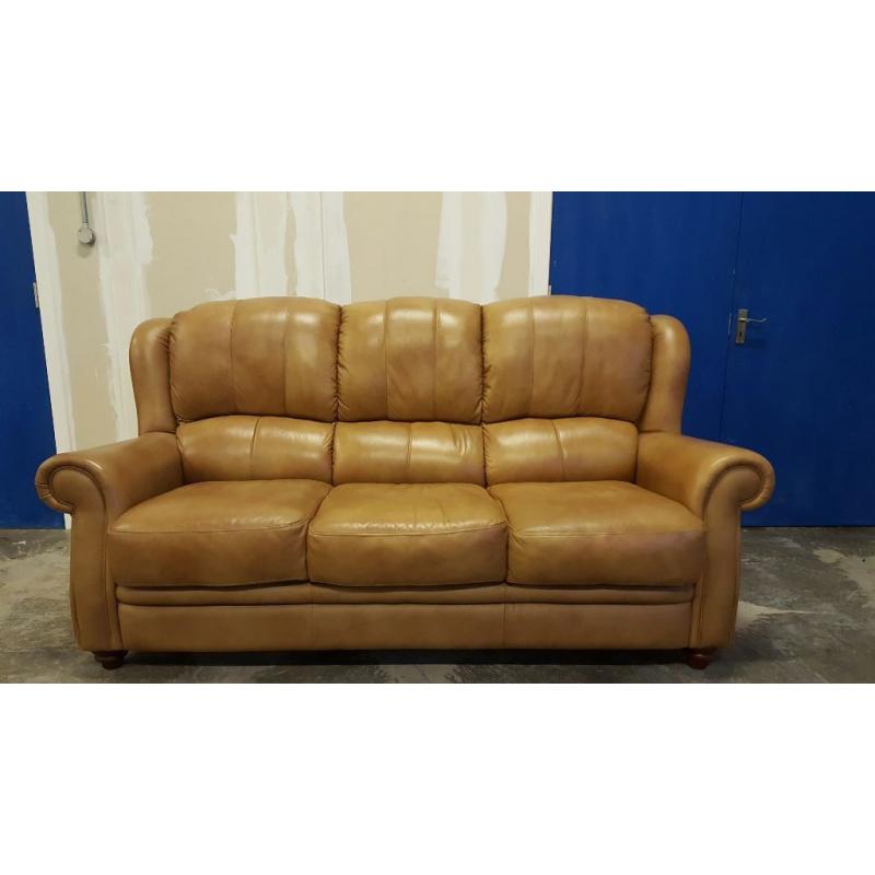 LIGHT BROWN / TAN GENUINE LEATHER 3 SEATER SOFA ON WOODEN FEETS / SUITE / SETEE DELIVERY AVAILABLE