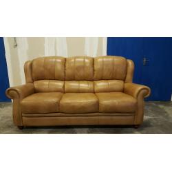 LIGHT BROWN / TAN GENUINE LEATHER 3 SEATER SOFA ON WOODEN FEETS / SUITE / SETEE DELIVERY AVAILABLE