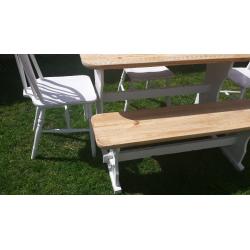 Rustic pine table with 3 chairs and bench