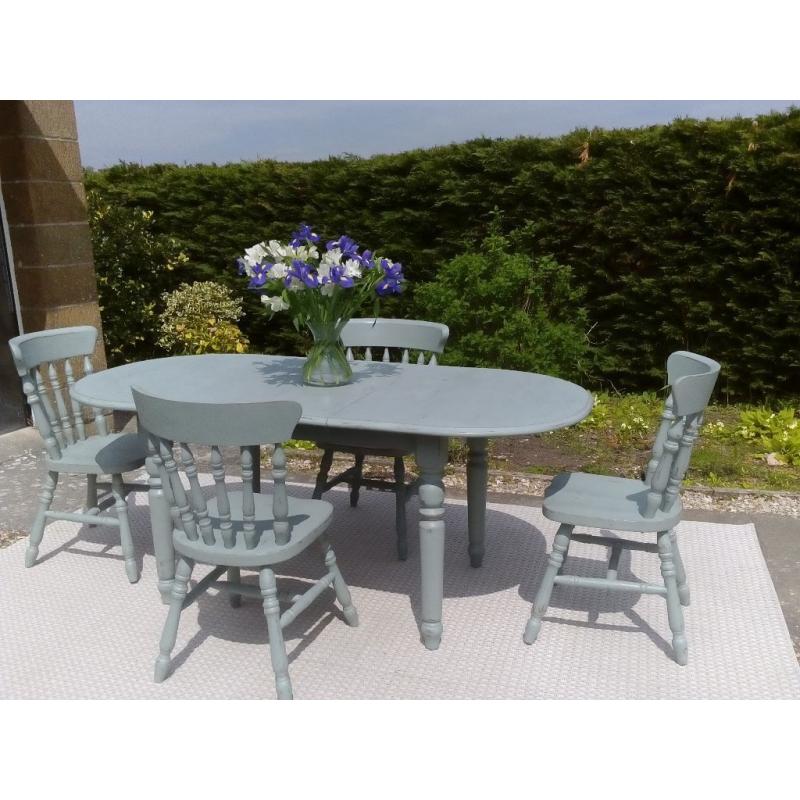 Beautiful, Large Dining Table and 4 Chairs in Duck Egg Blue, Shabby Chic.