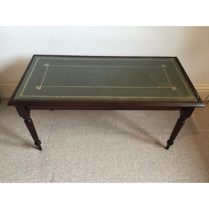 Reproduction Antique Coffee Table Glass over Green Leather Top