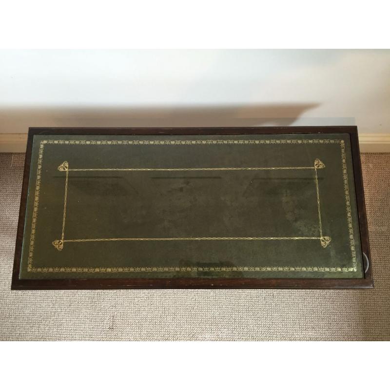 Reproduction Antique Coffee Table Glass over Green Leather Top