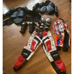 Motorcross Body armour x2, shin/knee guards x2, trousers x2 (small adult and kids)