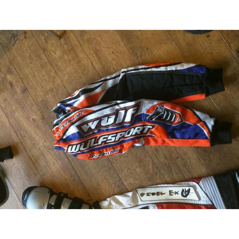 Motorcross Body armour x2, shin/knee guards x2, trousers x2 (small adult and kids)