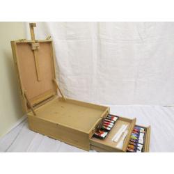 WOODEN ARTISTS PAINTS STORAGE TRAVEL CARRY CASE WITH BUILT IN EASEL