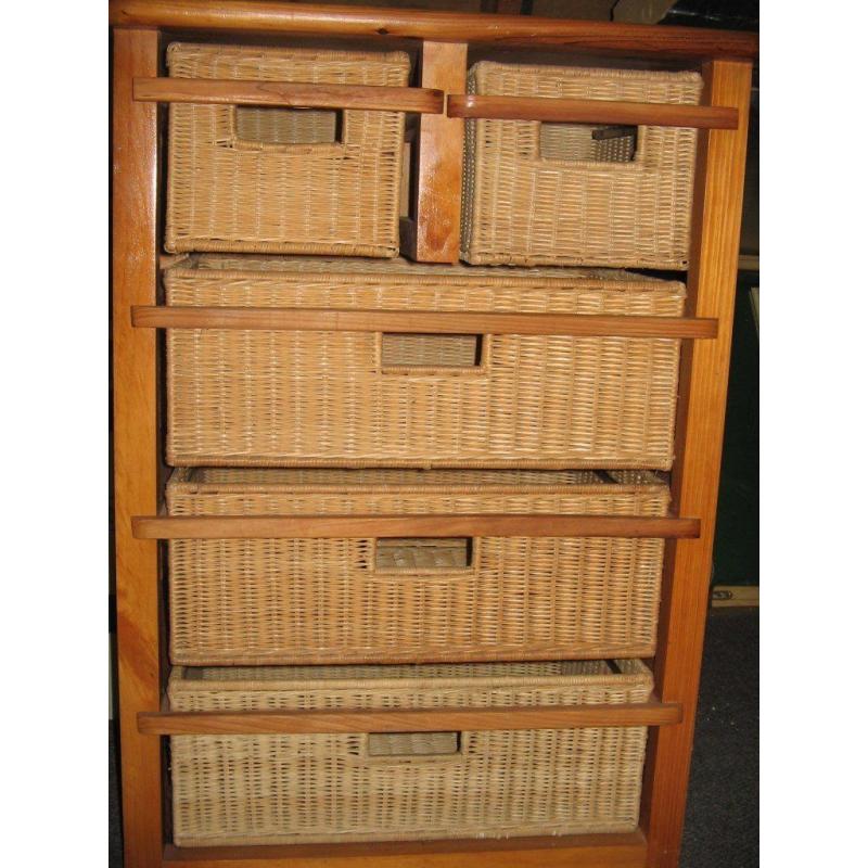 Pine & wicker, 5-drawer storage unit