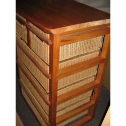 Pine & wicker, 5-drawer storage unit