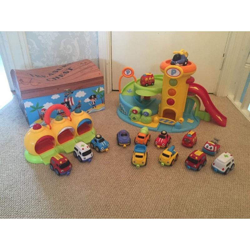 Early Learning Centre whizz around garage, car port, magnetic cars, toy box & v tech fire engine