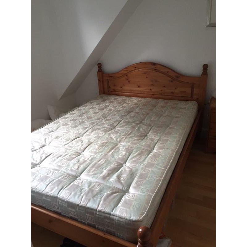 Pine double bed and mattress