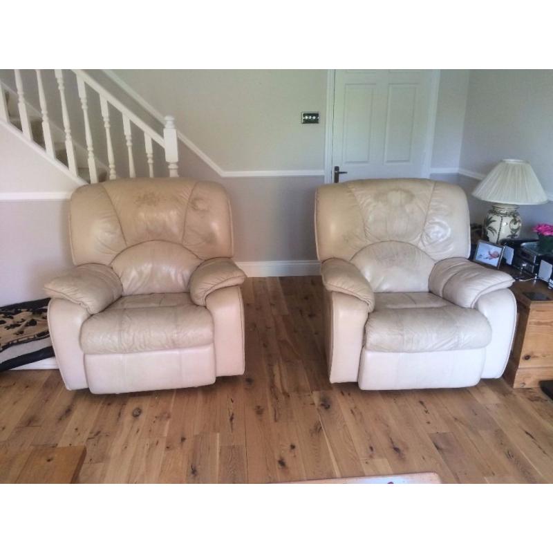 For Sale white leather 3 piece suite, reclining chairs as well as each sofa end.