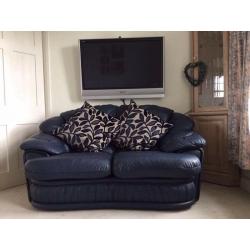 Navy blue leather 2 and 3 seater sofa settee poufee stool immaculate quality set