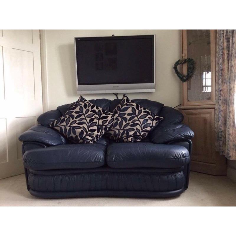 Navy blue leather 2 and 3 seater sofa settee poufee stool immaculate quality set