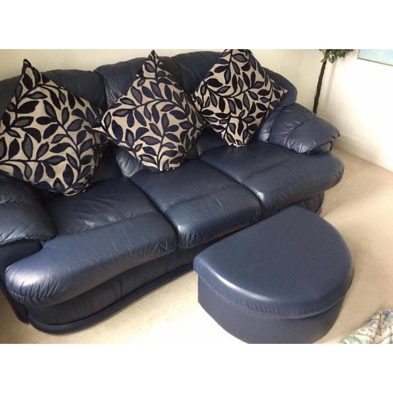 Navy blue leather 2 and 3 seater sofa settee poufee stool immaculate quality set