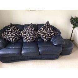 Navy blue leather 2 and 3 seater sofa settee poufee stool immaculate quality set