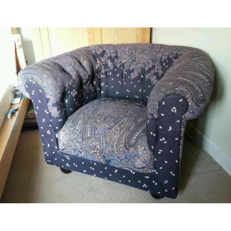 * UNIQUE CHESTERFIELD CHAIR * BLACK WITH PAISLEY PATTERN * EXTREMELY COMFORTABLE *