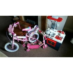 Childs bike, scooter and kitchen set