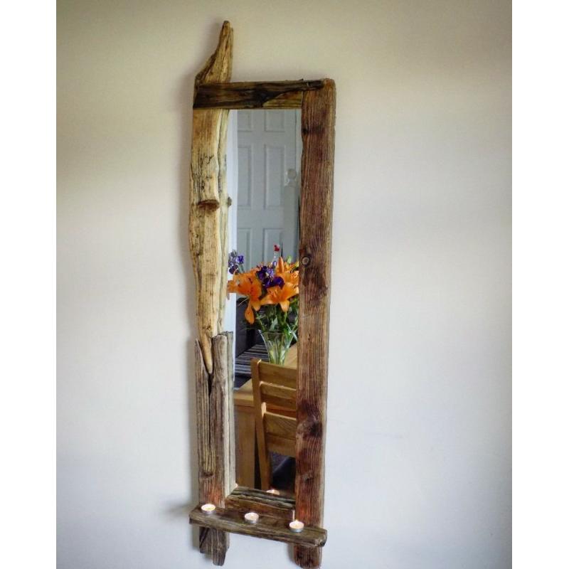 large handmade driftwood mirror with candle shelf