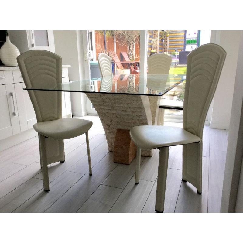 Italian style Glass dining table and 6 ivory chairs