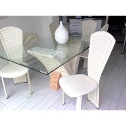 Italian style Glass dining table and 6 ivory chairs