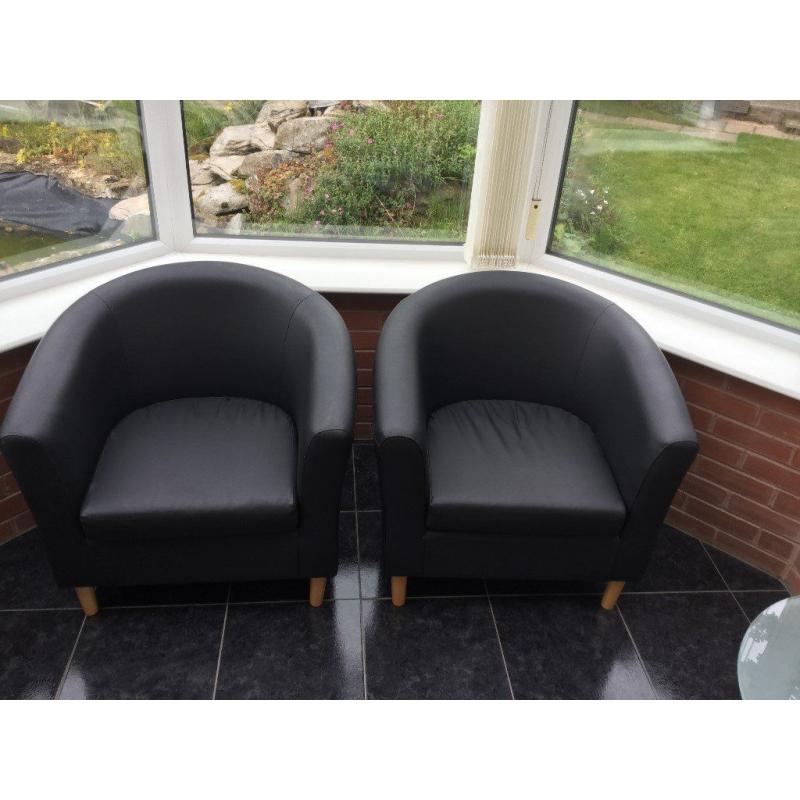 Black Faux leather tub chair. 2 available.