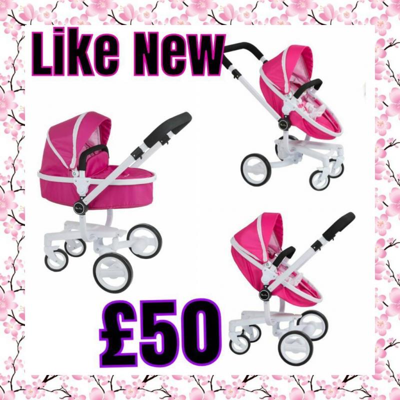 Bright Pink Silver Cross Dolls Pram/Buggy