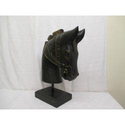 LARGE WOODEN CARVED ROMAN STYLE GOLD AND BLACK HORSES HEAD BUST ORNAMENT ON PLINTH FREE DELIVERY