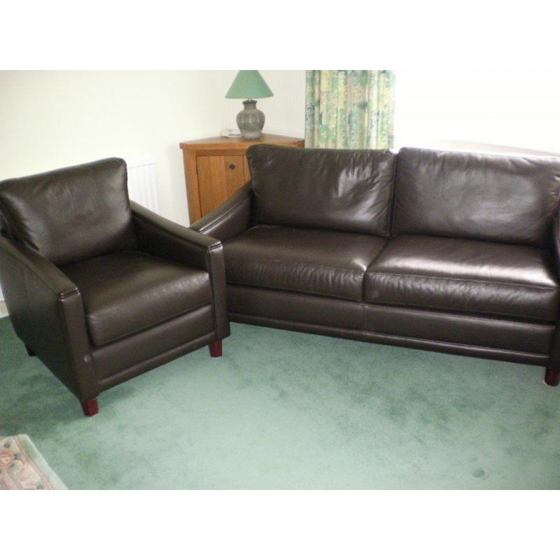 JOHN LEWIS BROWN LEATHER SETTEE AND ARM CHAIR