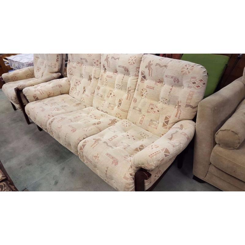 Cintique Wood-Framed 3-Seater Sofa and Reclining Armchair in Great Condition