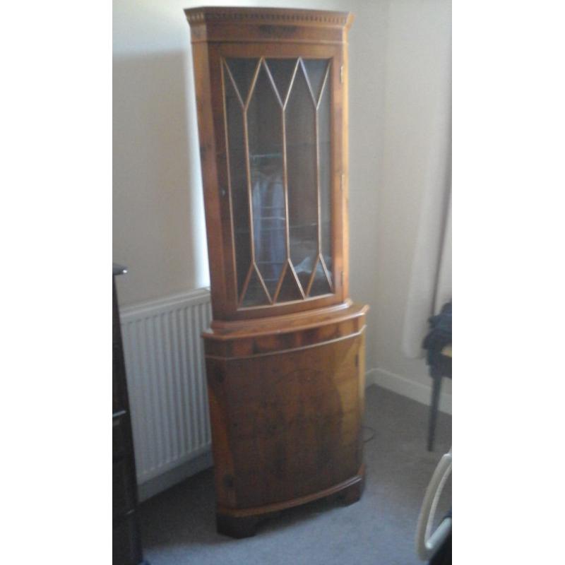 Reproduction Georgian Yew Wood Corner Cabinet Unit with Bow Front