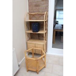 Cane two seater setee, two armchairs, 2 coffee tables and storage unit with shelving