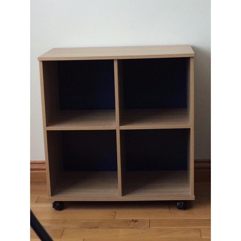 4 Section Oak Veneer Unit with Wheels Blue back board