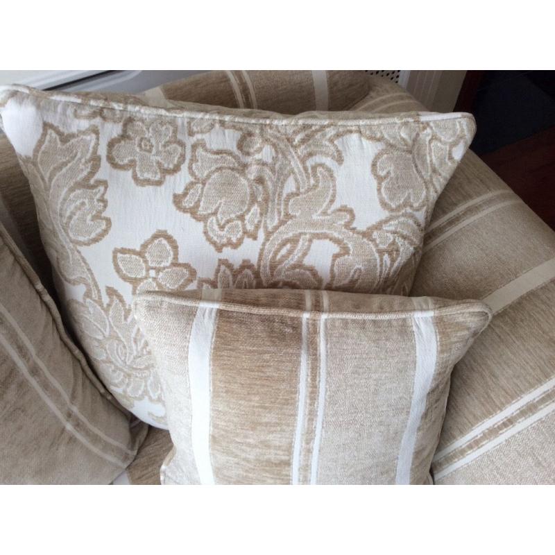 2 seater cream and oatmeal fabric sofa with scatter cushions