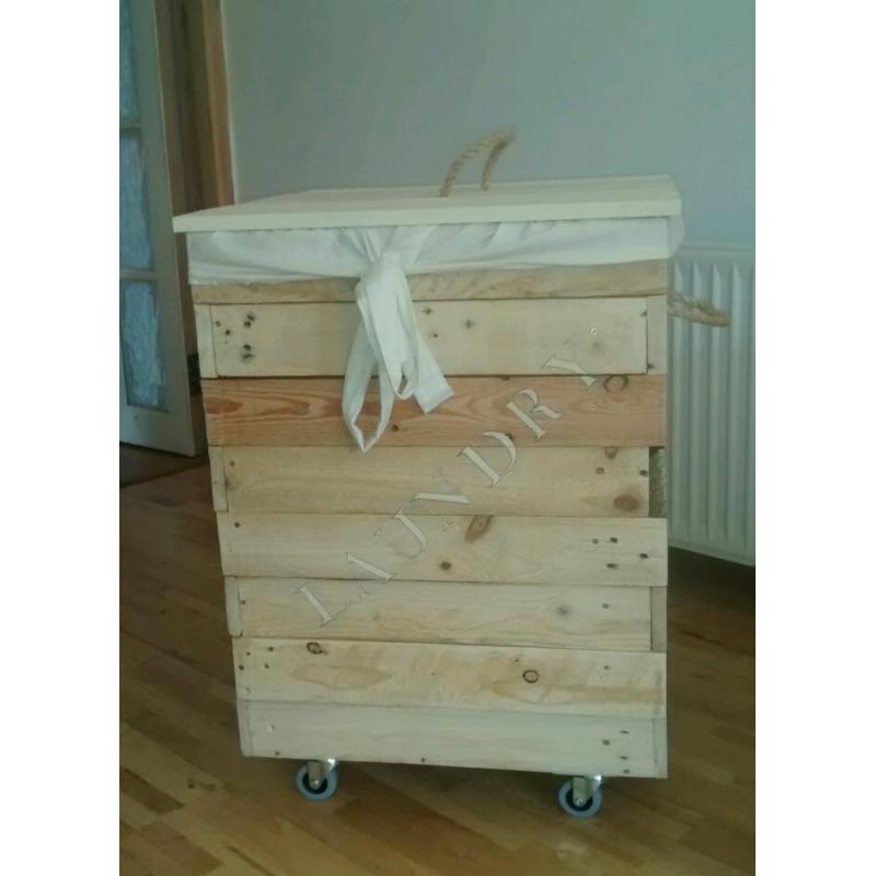 Beautiful hand made chic pallet wood laundry basket with castors