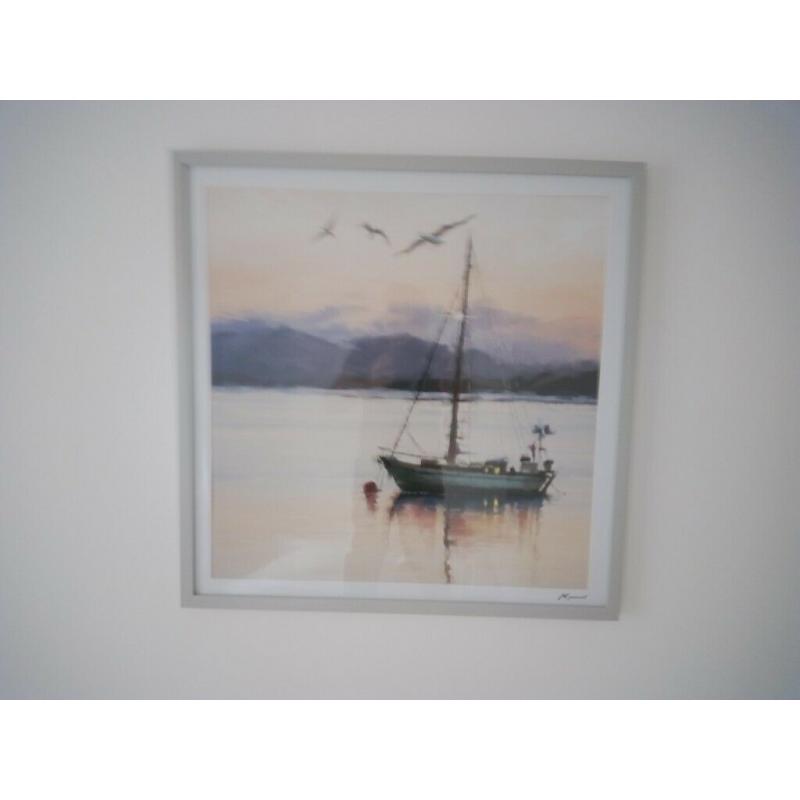 New Framed Picture of Boat on Lake.